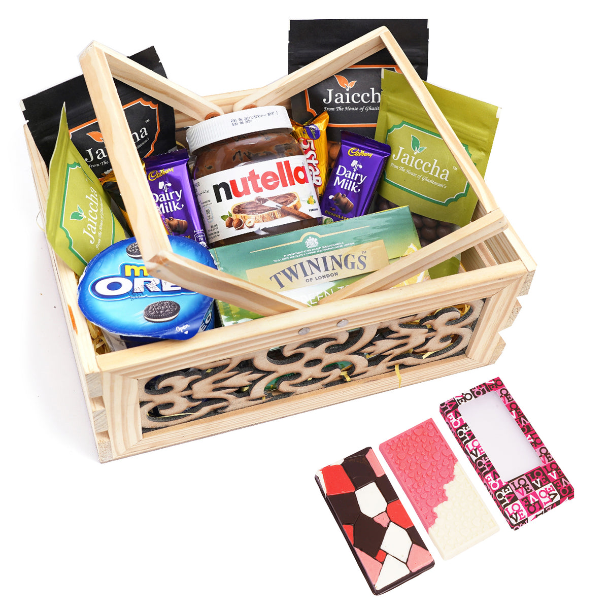 Wooden Laser Handle Basket of 11 Goodies with 2 Chocolate Bars