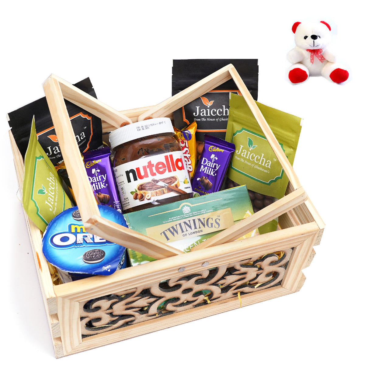Wooden Laser Handle Basket of 11 Goodies with Teddy