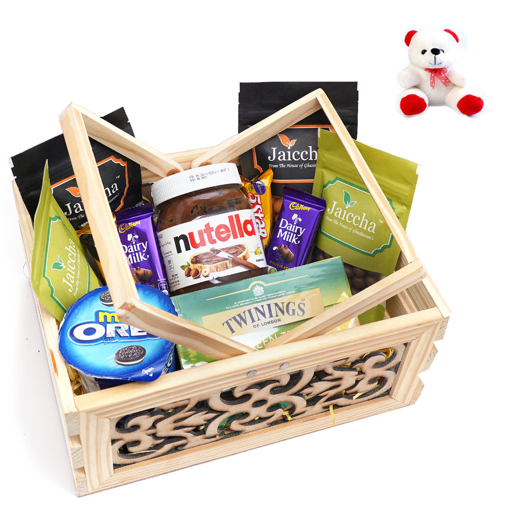 Wooden Laser Handle Basket of 11 Goodies with Teddy