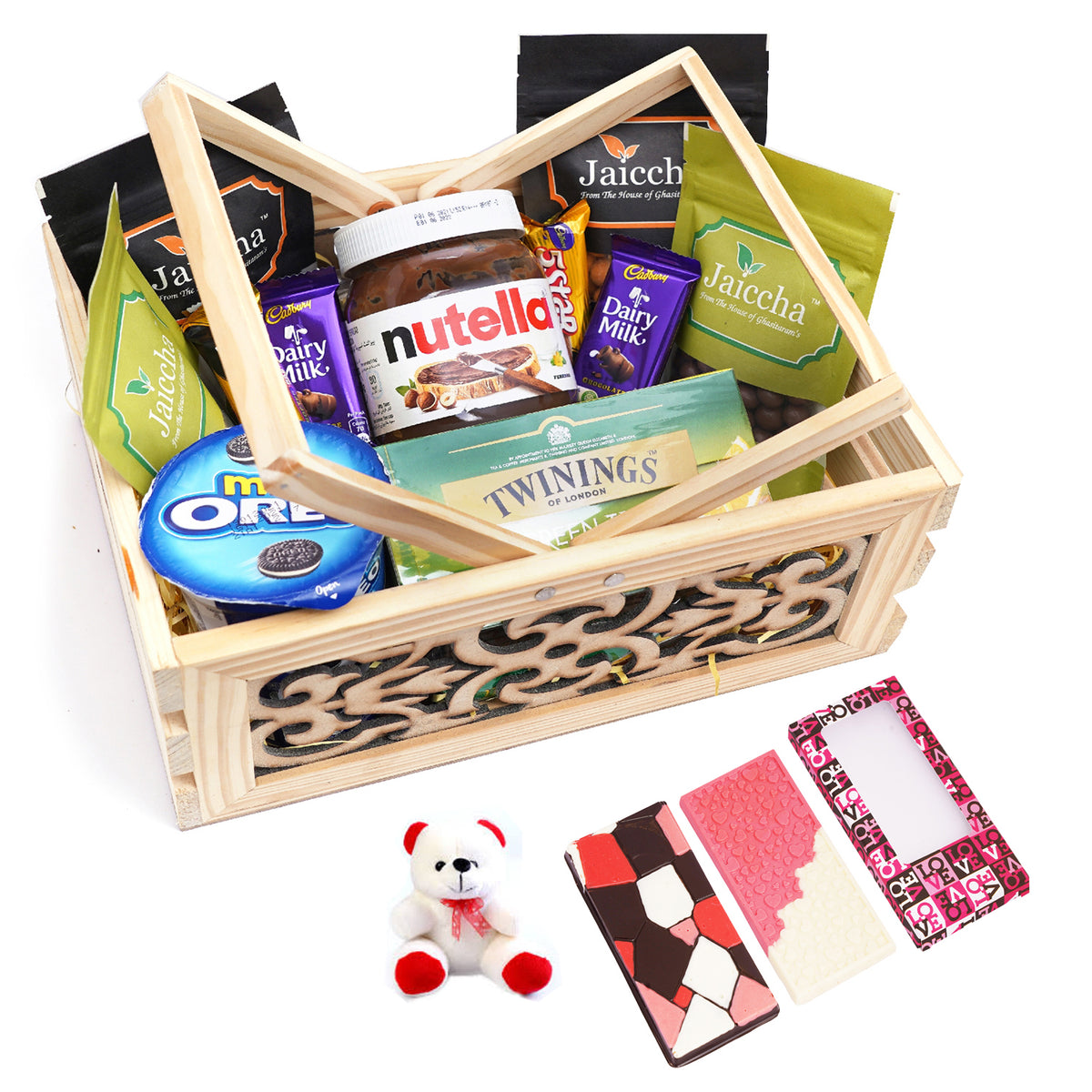Wooden Laser Handle Basket of 11 Goodies with Teddy and 2 Chocolate Bars
