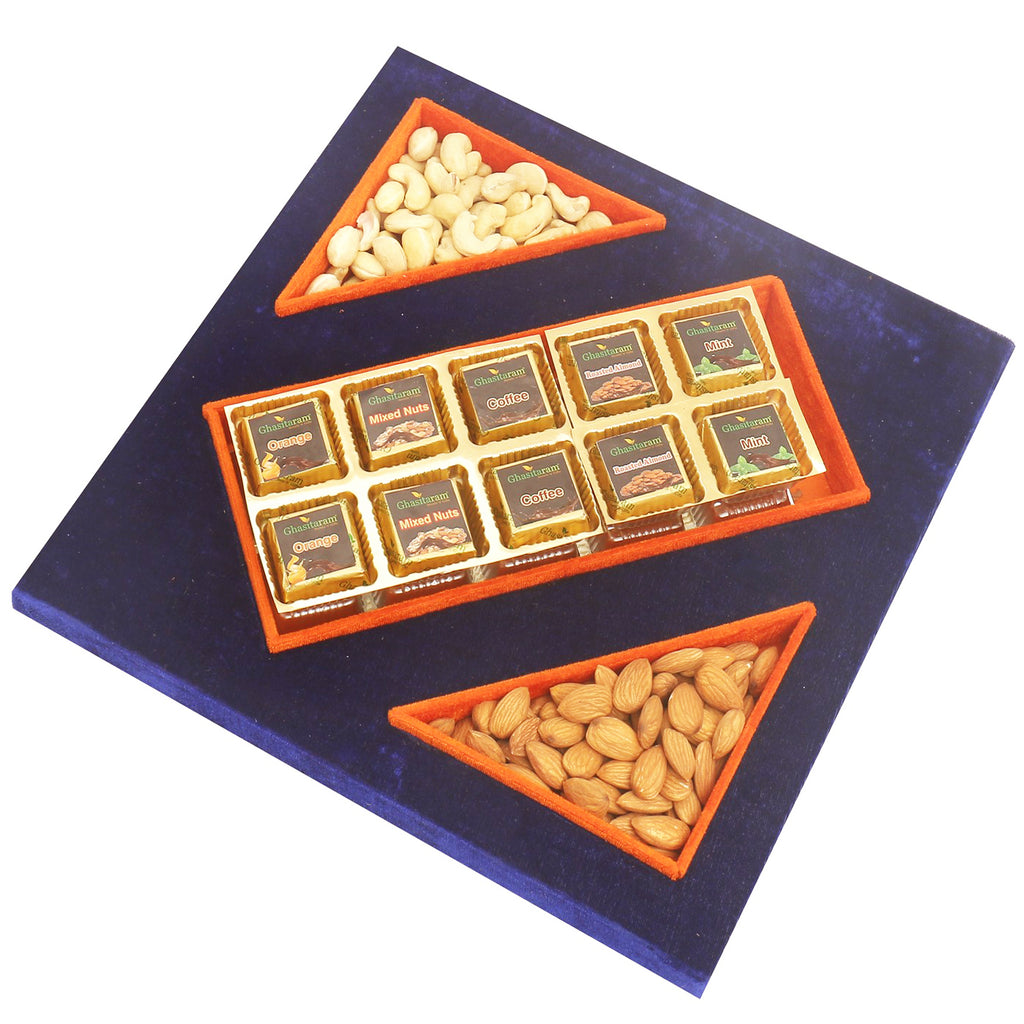 Blue Velvet Tray of Assorted Chocolates, Almonds and Cashew Pouches