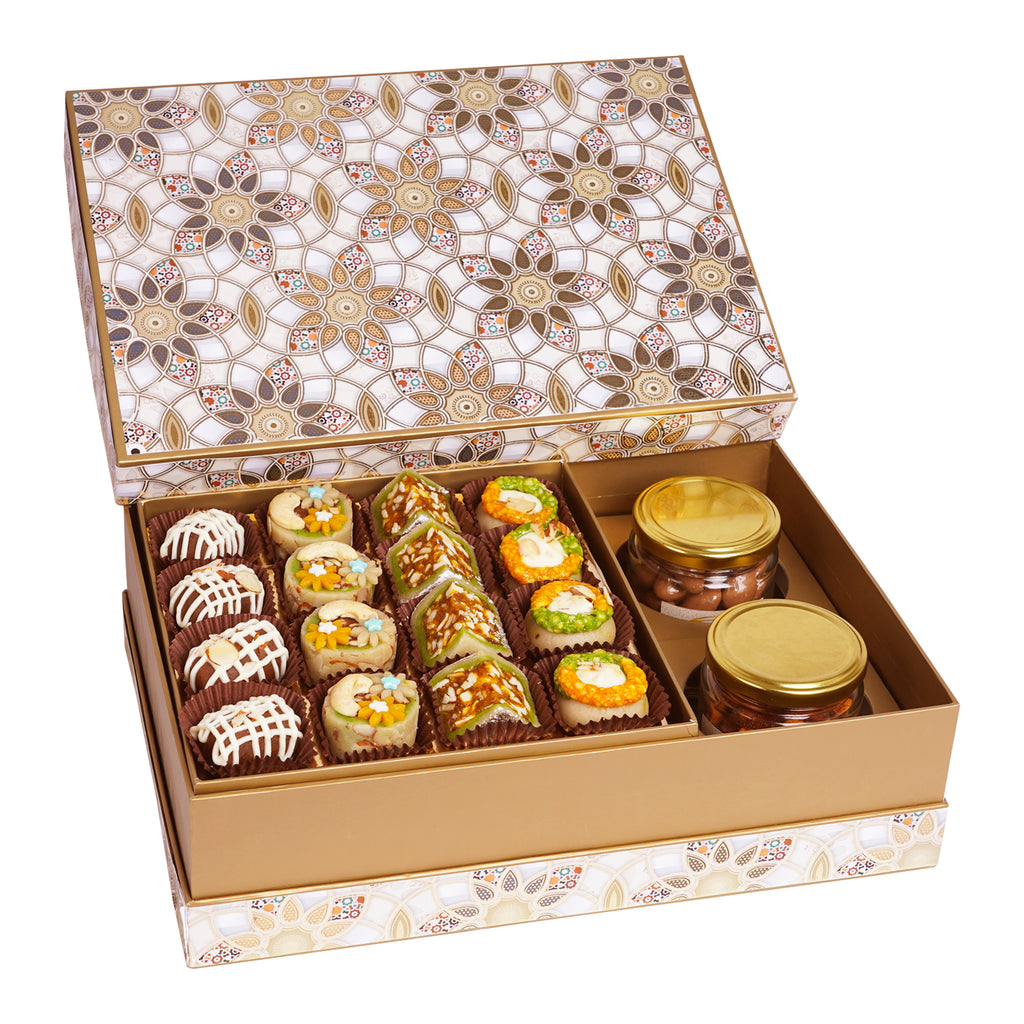 Brown Printed box of Dryfruit Sweets, Choco Almonds and Paan Raisins