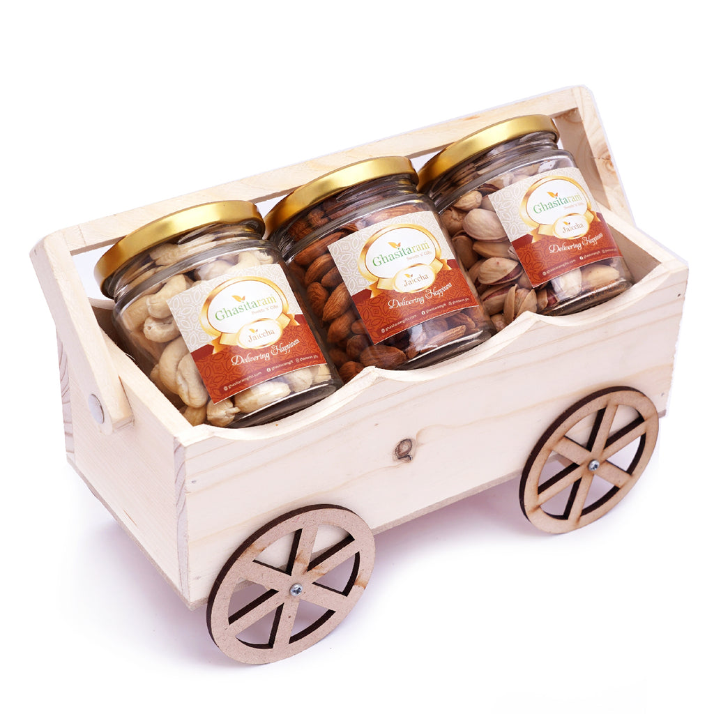Natural Wooden Cart with Almonds, Cashews and Pistachios Jars