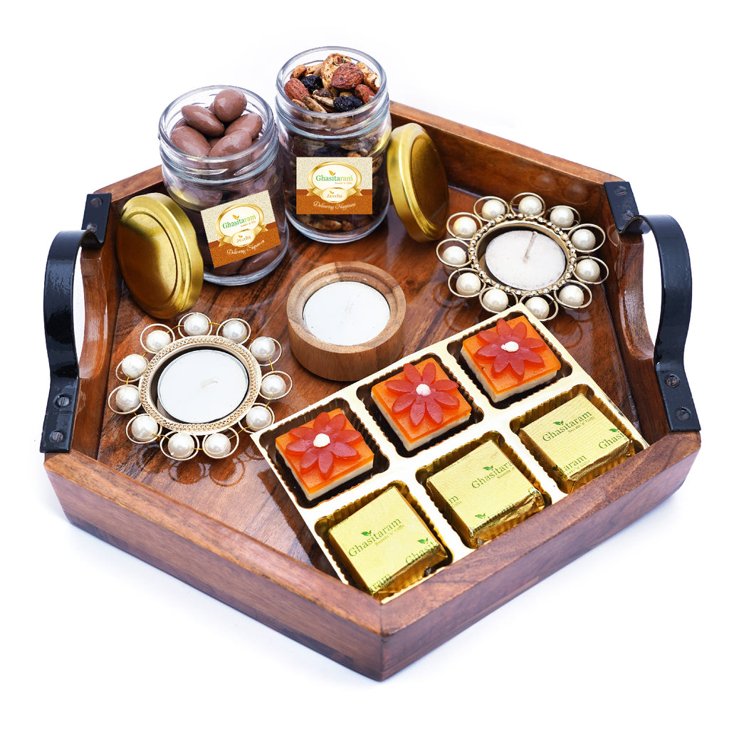 Hexagon Tray with 6 Assorted Bites, T-lites, Chocolate Coated Almonds and Mixed Dryfruit Jars