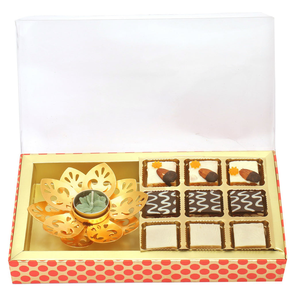 9 pcs Assorted Choco Dryfruit Bites and Golden T-Lite Imperial Box