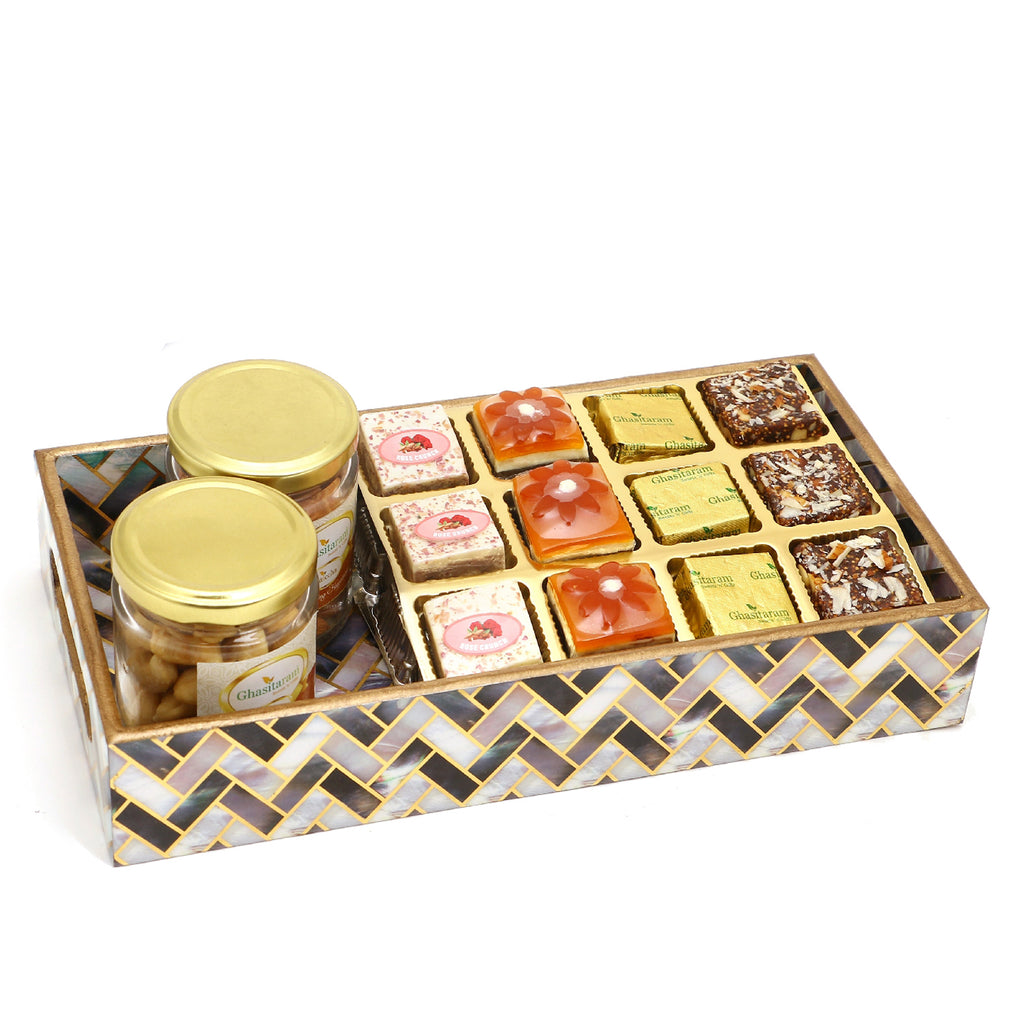 Printed Blue Tray of Assorted Bites, Roasted Cashews and Almonds Jars 